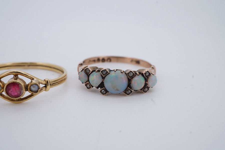 Three rings, comprising: a synthetic ruby and seed pearl ring, size O, French assay marks for 18ct gold, French maker's mark; an opal and seed pearl half-hoop ring in 9ct gold, size M1/2, British hallmarks; and a gold ri